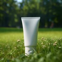 AI generative white cream tube on grass on the terrain photo