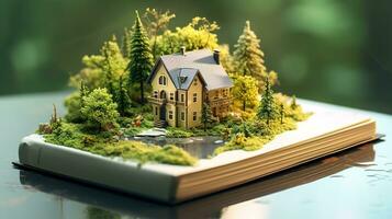 AI Generative miniature house in forest on notebook with trees and river photo