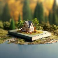 miniature house in forest on notebook with trees and river photo
