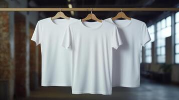 white tee shirts hanging on the rack photo