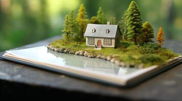 miniature house in forest on notebook with trees and river photo