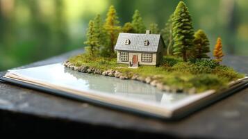 AI Generative miniature house in forest on notebook with trees and river photo