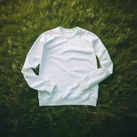 white sweatshirt lay down in the grass photo