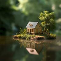 ai generativo miniatura casa en bosque con arboles y río miniatura foto