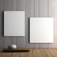 square wall plates sitting on a wooden surface photo