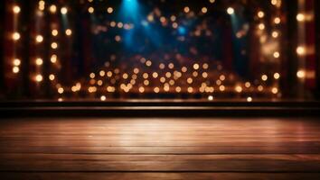 Wooden floor with spotlights on stage in a theater background photo