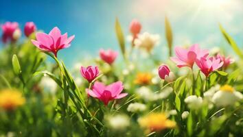 Green meadow with daisy flowers and natural backgrounds for your design. ai-generated photo