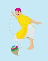 Indian boy spinning desi top toy, lattu, wearing shalwar kameez and cap, topi vector