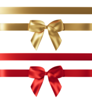 Two golden and red ribbons and bows on transparent background. Design elements for greeting card, invitation, advertising. Realistic ribbon, bow. Merry Christmas, Birthday celebration. 3D render. png