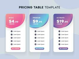 Pricing Table Template with Bright Gradient Color and 3 Choices for Website vector