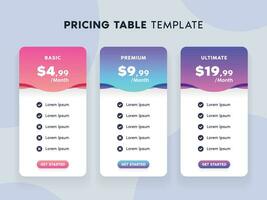 Pricing Table Template with Bright Gradient Color and 3 Choices for Website vector