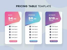 Pricing Table Template with Bright Gradient Color and 3 Choices for Website vector