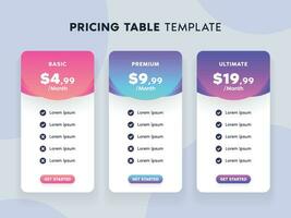 Pricing Table Template with Bright Gradient Color and 3 Choices for Website vector