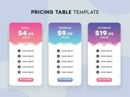 Pricing Table Template with Bright Gradient Color and 3 Choices for Website vector