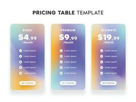 Pricing Table Template with Bright Gradient Color and 3 Choices for Website vector