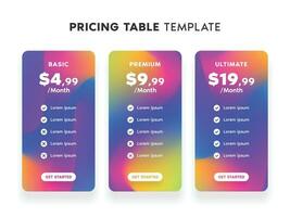 Pricing Table Template with Bright Gradient Color and 3 Choices for Website vector