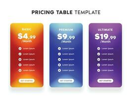 Pricing Table Template with Bright Gradient Color and 3 Choices for Website vector