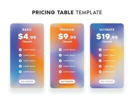 Pricing Table Template with Bright Gradient Color and 3 Choices for Website vector