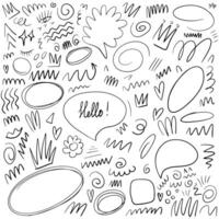 Doodle set of hand drawn speech bubbles and different elements. Vector set of doodle shapes and elements.