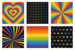 Set of pride month abstract backgrounds. Lgbt flag colored heart shape, grid, swirl, rays, gradient. vector