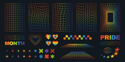 Set of rainbow colored grid backgrounds and abstract elements. Y2k retro aesthetic. vector