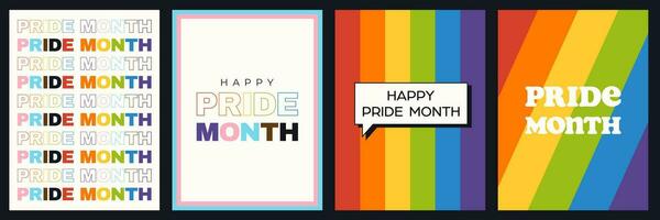 Set of pride month posters template with rainbow colored text and background. vector