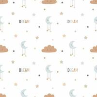 Vector seamless pattern with cute moon, stars and clouds. Design for nursery, baby clothing.
