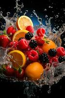 frutas creando refrescante salpicaduras como ellos inmersión dentro vibrante jugo piscina foto