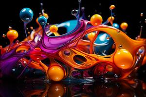 Oil droplets fuse colorfully with water in abstract splash photography photo