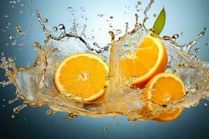 Colorful juice splash bursting from a fresh orange isolated on a white background photo