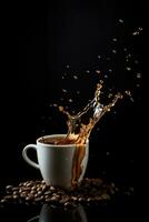 Coffee pouring and splashing action shot background with empty space for text photo