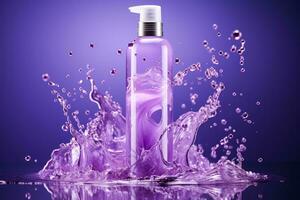 Purple shampoo splashing out of the bottle isolated on a gradient background photo