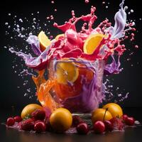 Colorful smoothie whirls wildly creating a captivating splash in mid air photo