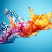 Colorful paint splashes merging in water isolated on a gradient background photo