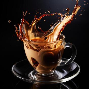 Coffee pour creating a dynamic splash isolated on a gradient background photo