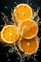 Colorful juice splash bursting from a fresh orange isolated on a white background photo