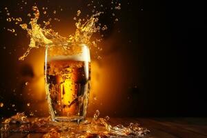 Beer splash and brew pouring action shot background with empty space for text photo