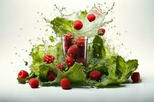 Smoothie splash mid blend capturing fruit and kale chunks isolated on a white background photo