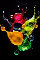 Oil droplets fuse colorfully with water in abstract splash photography photo