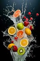 frutas creando refrescante salpicaduras como ellos inmersión dentro vibrante jugo piscina foto