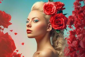 Blonde woman red dress fashion. Generate Ai photo