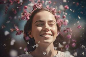 sonriente mujer en flores generar ai foto