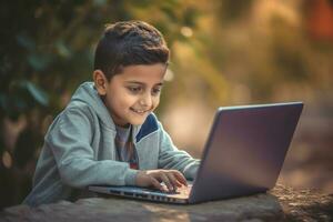 Boy learning laptop. Generate Ai photo