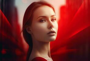 Woman red feeling view. Generate Ai photo