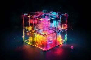 Glowing abstract neon cube. Generate Ai photo