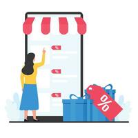 Woman choose item on phone and buy metaphor of online shopping and discount. vector