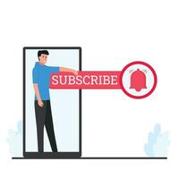 Man standing beside phone with subscribe word metaphor of subscribe channel. vector