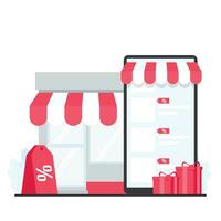 Offline shop beside phone metaphor of online shopping and discount. vector