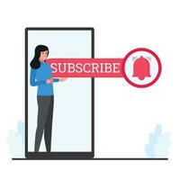 Woman standing inside phone with subscribe word metaphor of subscribe channel. vector