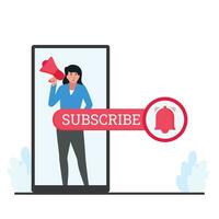 Man hold megaphone and stand inside phone with subscribe word metaphor of subscribe channel. vector